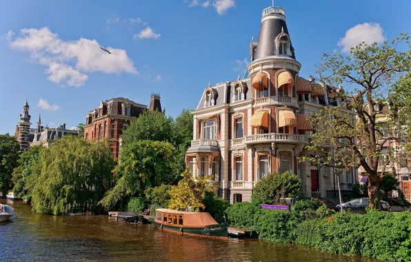 Trees, house, boat, Amsterdam, channel, Netherlands, Holland, Amsterdam