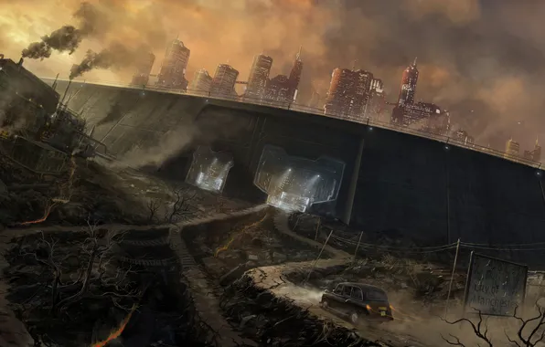 Road, machine, the city, fiction, wall, art, sci-fi