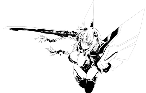 Picture chest, look, girl, smile, weapons, costume, art, monochrome
