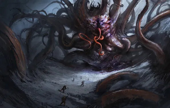 Picture people, monster, art, tentacles, battle