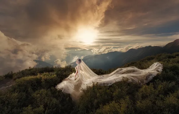 The sky, girl, clouds, dress, wedding
