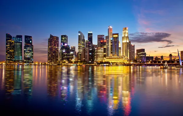 Water, the city, reflection, skyscrapers, the evening, glow, promenade, singapore