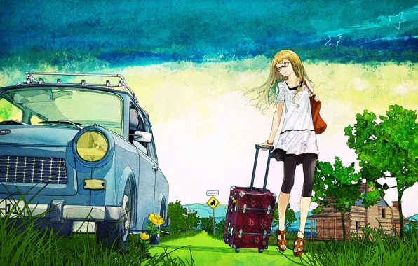 Picture road, summer, trees, figure, art, old, suitcase, car
