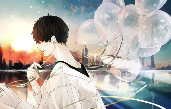 Balls, sunset, the city, the evening, guy, balloons, by 世
