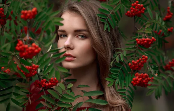 Picture girl, branches, face, green, sweetheart, model, portrait, brown hair