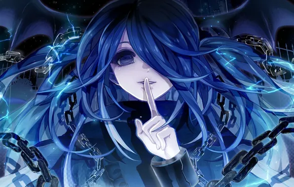 Picture blue, Gothic, Girl, wings, finger, lips, chain, silence