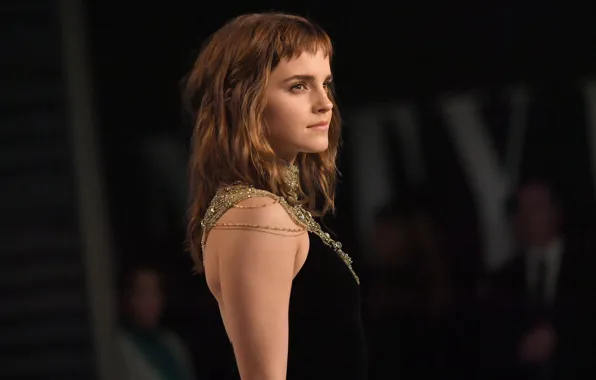 Emma Watson, black dress, bangs