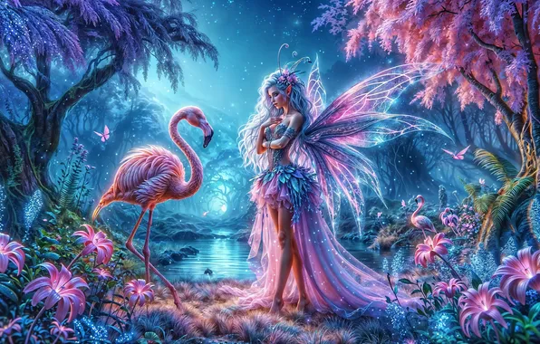 Lake, bird, tale, fairy, fantasy, Flamingo