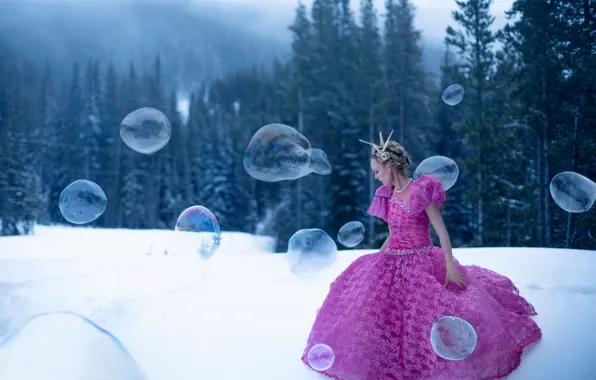 Forest, girl, snow, dress, bubbles, Lichon