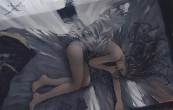 Sleep, bed, twilight, long-haired, drawn girl
