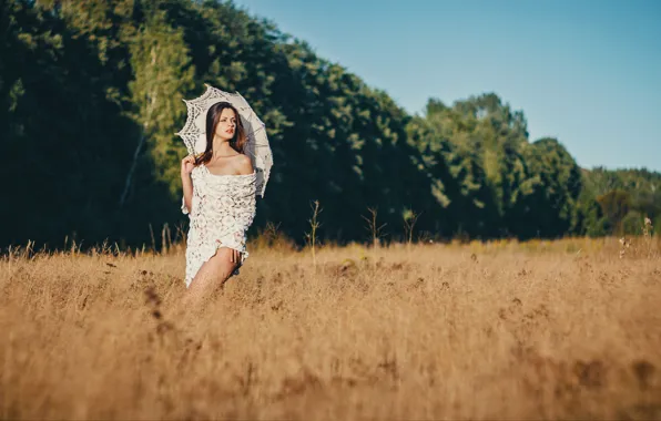 Field, umbrella, dress, legs, Sunny, shoulder