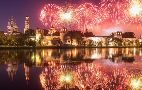 Picture the sky, water, night, reflection, river, salute, Moscow, fireworks