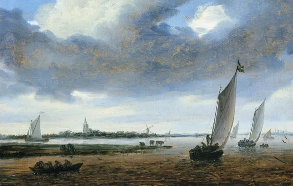 Landscape, boat, picture, sail, Salomon van Ruysdael, Solomon van Ruisdael, View of Beverwijk from Watermere