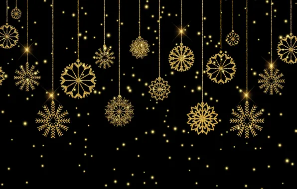 Decoration, snowflakes, gold, Christmas, New year, golden, christmas, black background