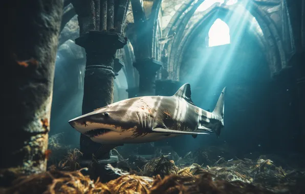 Shark, The building, Predator, Underwater world, The Rays Of The Sun, Digital art, Columns, AI …