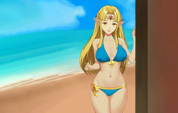 Girl, sexy, cleavage, beach, long hair, sea, boobs, anime