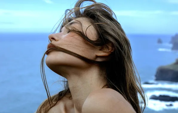 Girl, sky, sea, photo, model, brunette, portrait, closeup