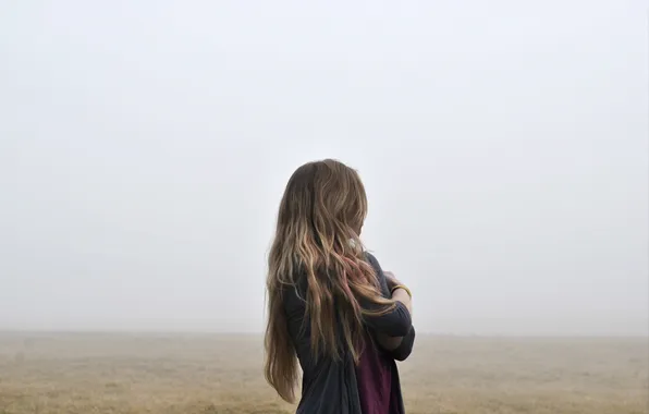 Girl, Field, Fog, Grass, Back