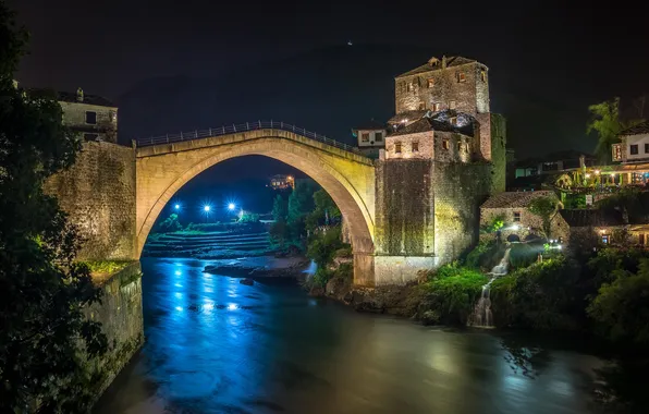 The sky, trees, landscape, night, bridge, lights, river, home