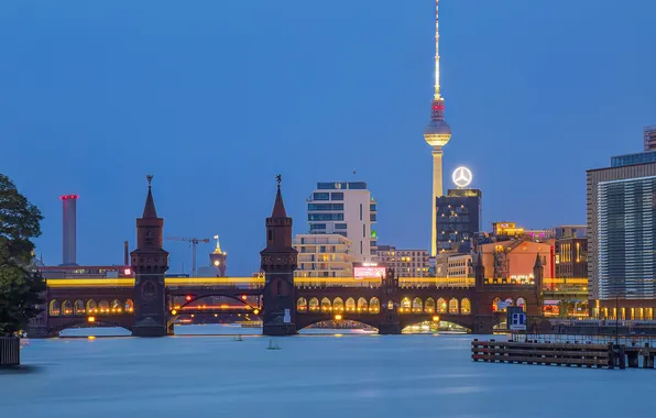 Bridge, lights, river, Germany, Berlin