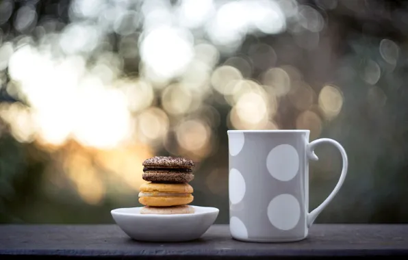 Picture food, cookies, mug, Cup, sweets, bokeh, macaron