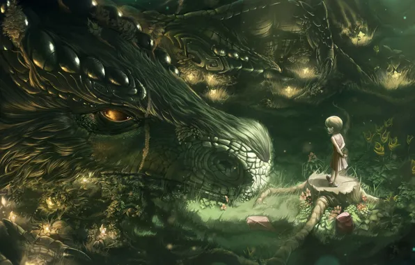 Picture forest, fiction, dragon, figure, girl, fantasy, art