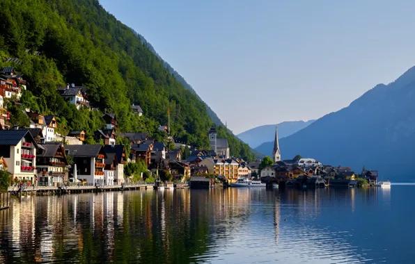 Mountains, lake, home, Austria, Alps, Austria, Hallstatt, Alps