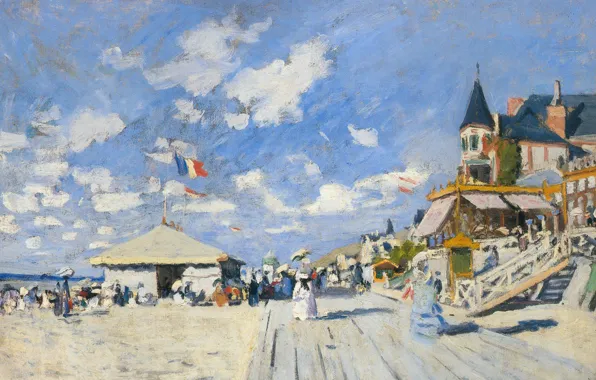 Landscape, picture, Claude Monet, Boardwalk Nastin on the Beach in Trouville