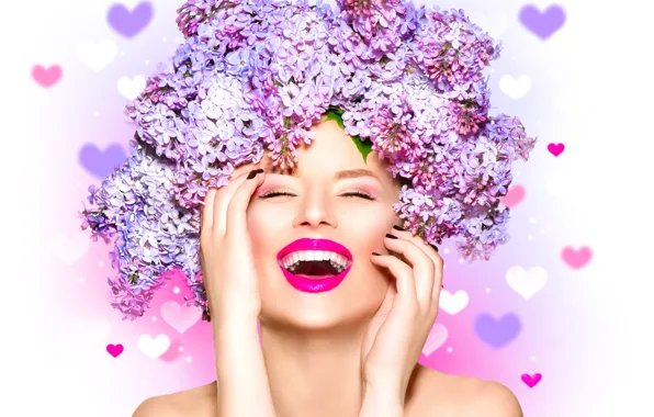 Picture girl, joy, flowers, face, laughter, hands, makeup, hearts