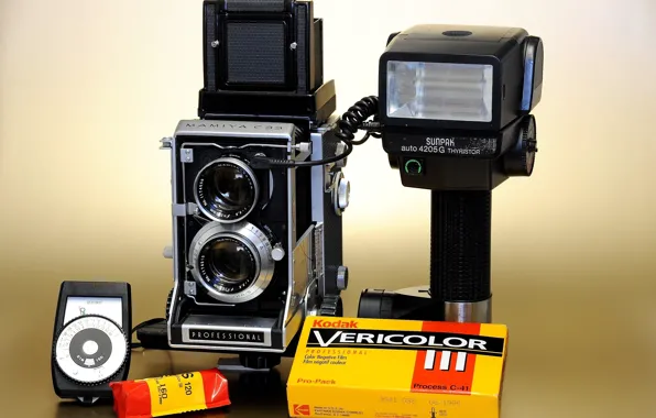Background, film, lens, card, Mamiya C33, interchangeable, Sekonic light meter auto Lumi Model L-158, Shutter …