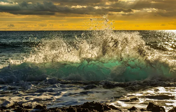 Sea, wave, beach, foam, clouds, light, landscape, squirt