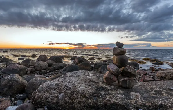 Sea, sunset, stones