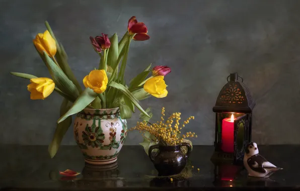 Flowers, table, candle, bouquet, yellow, lantern, tulips, red