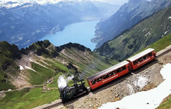 Snow, mountains, lake, rails, the engine