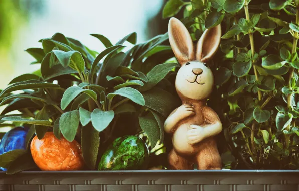 Greens, leaves, holiday, toy, eggs, plants, spring, rabbit