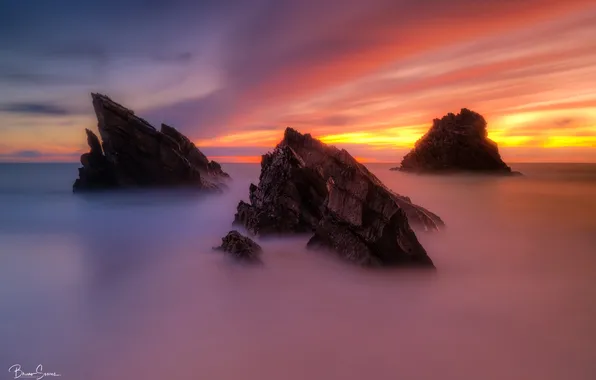Sea, the sky, sunset, fog, stones, horizon, Portugal, Portugal