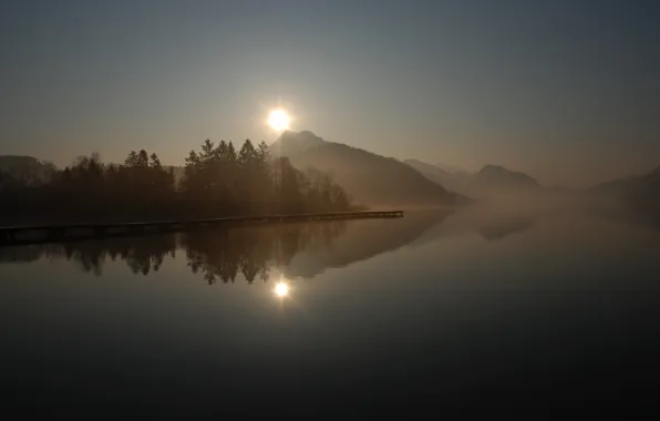 Picture the sun, trees, fog, lake, surface, reflection, sunrise, hills