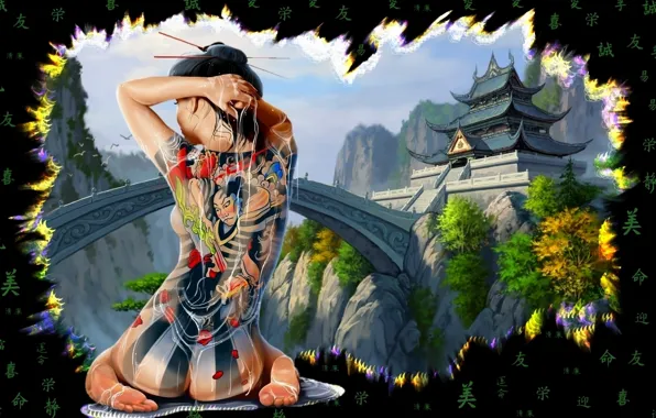 Japan, Castle, Geisha, Tattoo