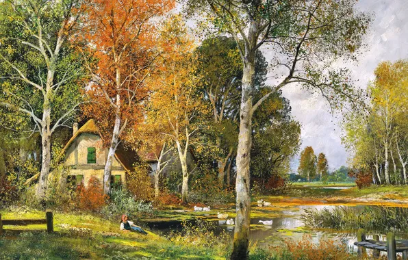 Girl, Trees, House, Pond, Picture, Alois Arnegger, Alois Arnegger, Austrian painter