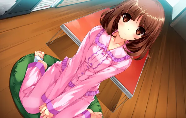 Table, anime, art, girl, sitting, Ottoman, kaori trample, kurehito pajama sasaki
