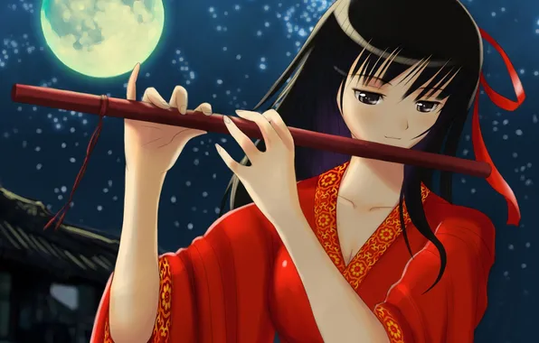 Picture girl, night, the moon, art, kimono, flute, musical instrument, xiao lian