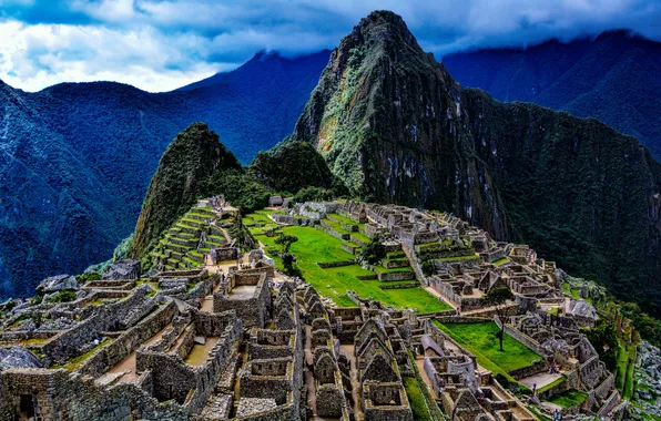The sky, mountains, clouds, the ruins, ruins, Peru, Machu Picchu