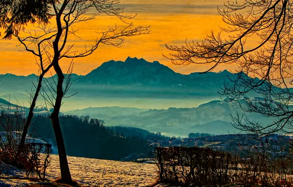 Winter, the sky, clouds, trees, sunset, mountains