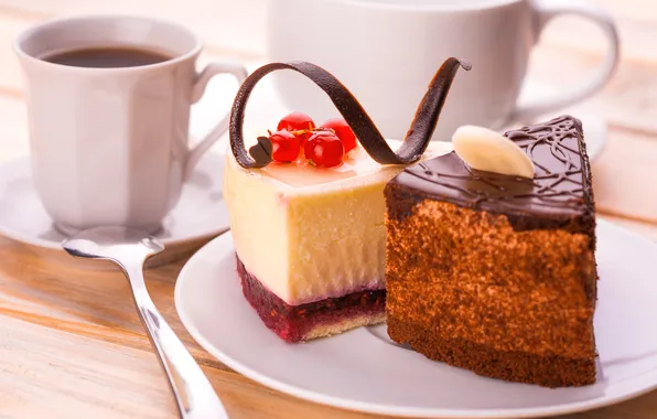 Picture coffee, chocolate, cake, red currant