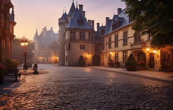 Lights, castle, the evening, pavers, yard, landscape, castle, ancient