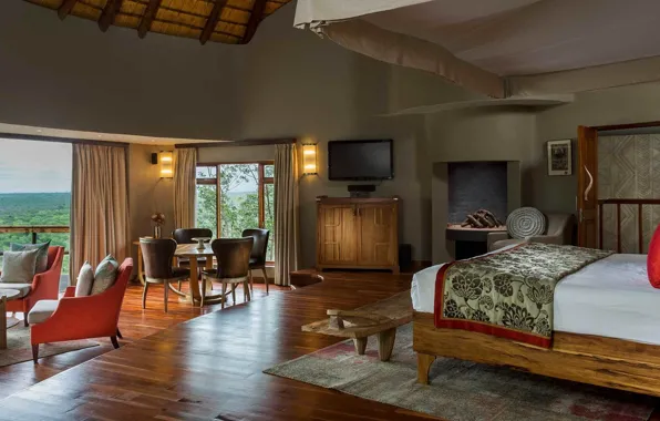 Space, interior, fireplace, bedroom, living room, dining room, Cliff lodge, Ulusaba