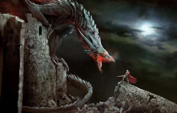 The sky, girl, night, the moon, Dragon, warrior, ruins