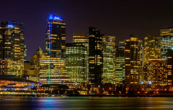 Night, the city, lights, building, skyscrapers, Canada, panorama, Vancouver