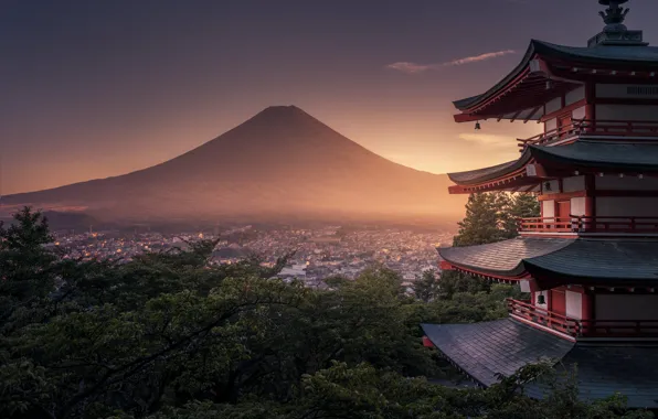 Mountains, fog, pagoda
