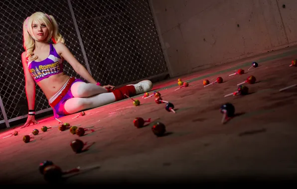 Picture look, girl, wall, grille, blonde, sitting, cosplay, Lollipop Chainsaw